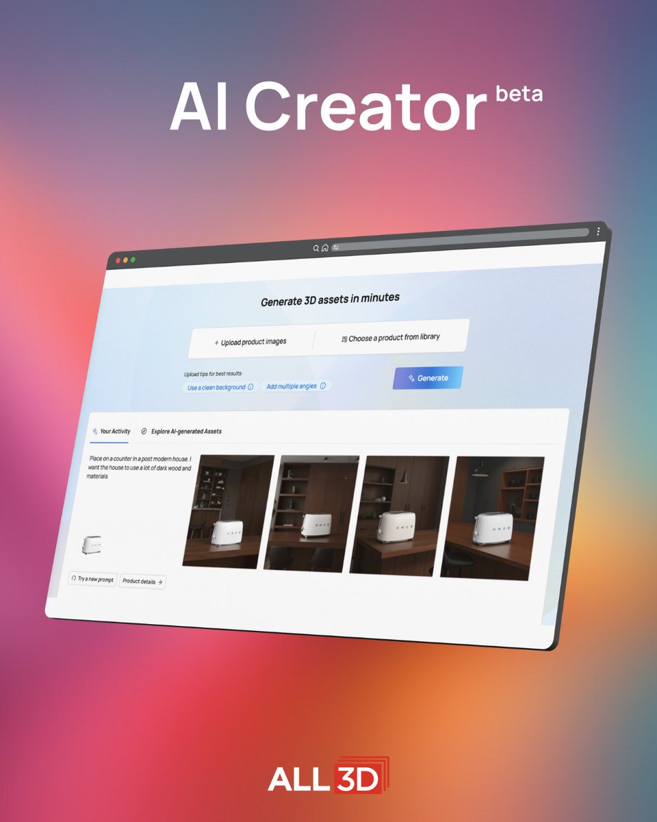 all3d_ai's tweet photo. ✨ Have you tried our AI Creator?

Generate product + lifestyle images in seconds. It’s in beta, so you get early access while we keep making it better.

Get unlimited AI images free with our trial. Start today: https://t.co/oxAj12NbFo

#AI #Ecommerce #3D #ProductDesign https://t.co/UsbIVqdvef