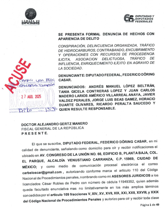 A document with the header "DIPUTADOS Y DIPUTADAS FEDERAL" and text in Spanish. It includes the name Federico Doring Casar and mentions a denunciation against Andy López Beltrán. A red stamp with "ACUSE" and the date "27 de Enero 2025" is visible. The text references the FGR and lists allegations like delincuencia organizada and tráfico de hidrocarburos.