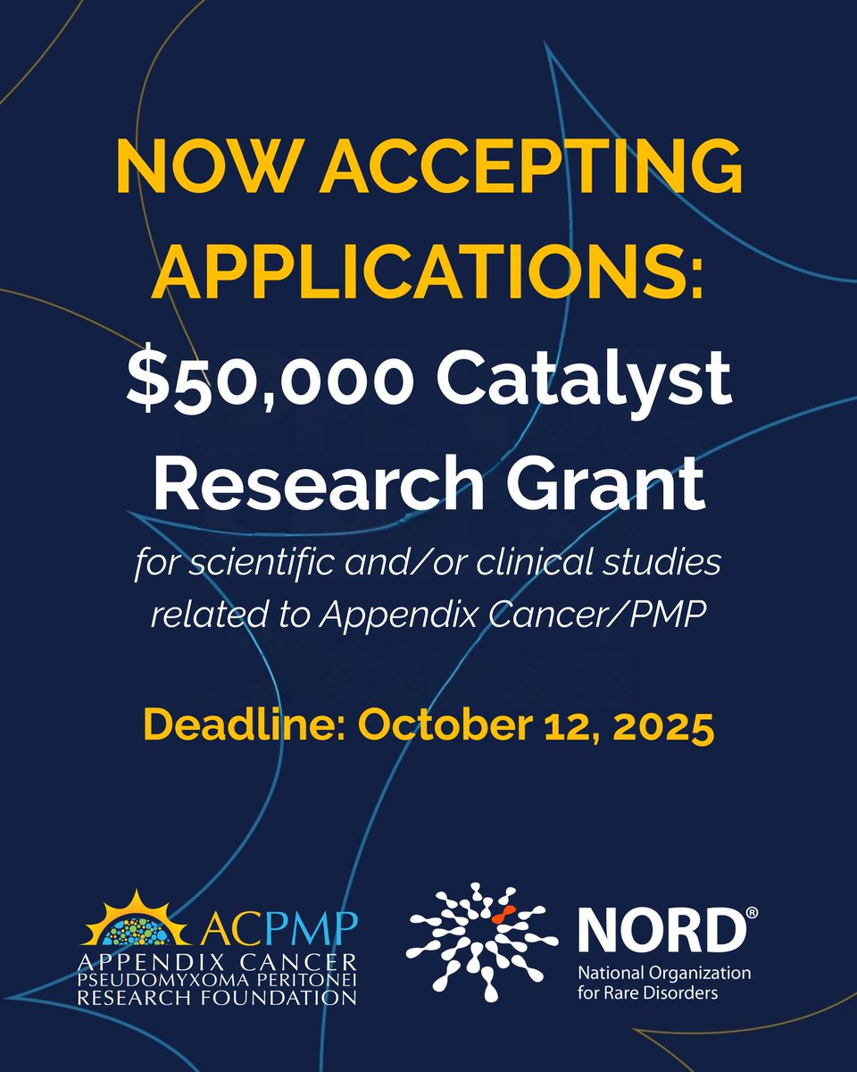acpmpresearch's tweet image. 📣 Don’t miss your chance to make a difference in appendix cancer research!

💡 Researchers: Submit your proposals by October 12, 2025 and help drive breakthroughs in this rare disease.

🔗 Learn more &amp;amp; apply: acpmp.org/research/resea…