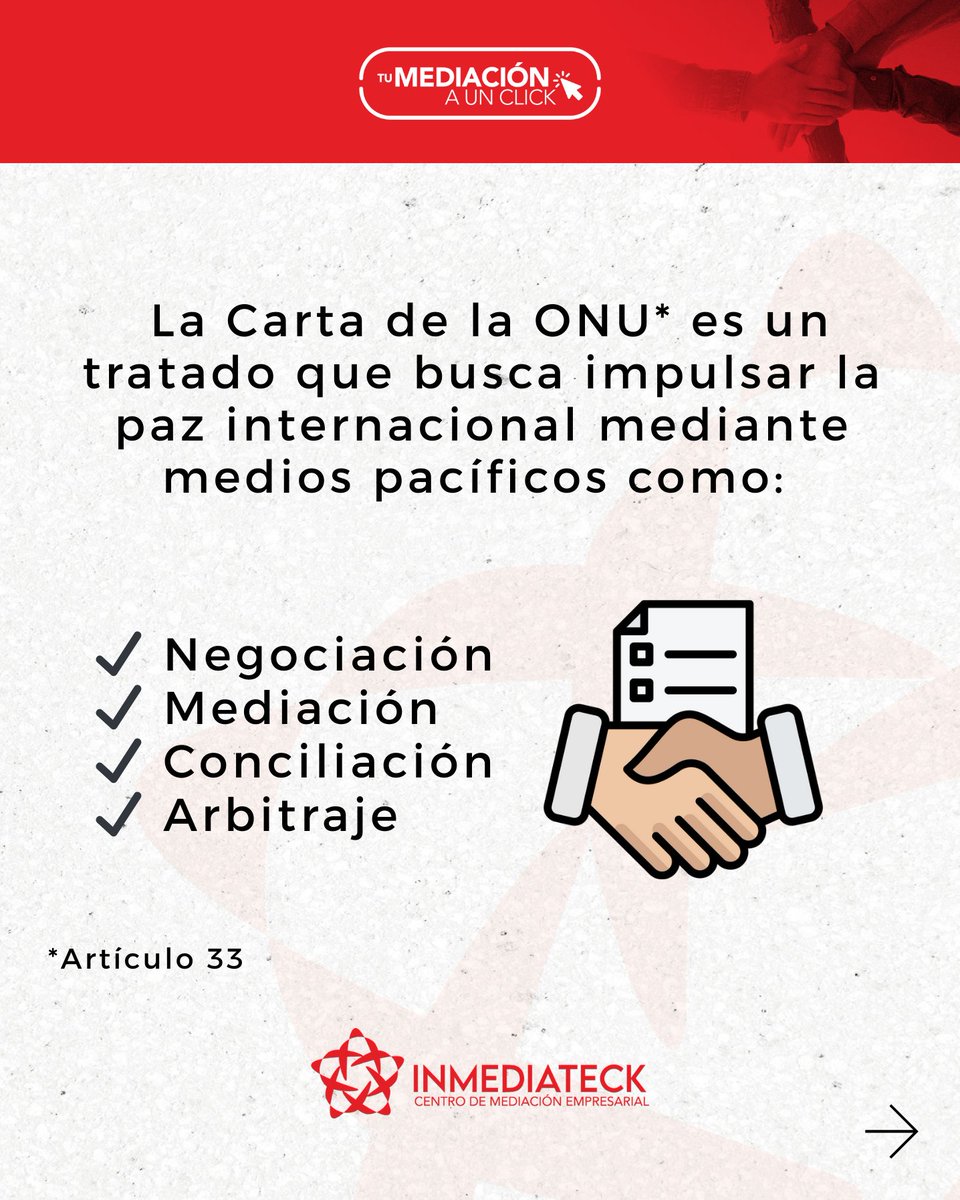 inmediateck's tweet photo. 📖 ¿Sabías que la Carta de la ONU reconoce la mediación como vía legítima de resolución de conflictos Art. 33?
💡 No solo aplica a relaciones internacionales: también respalda una justicia dialogada en nuestra práctica.
📲 En #Inmediateck creemos en esa visión.
#Mediación #ONU https://t.co/a2G7kWXQd6