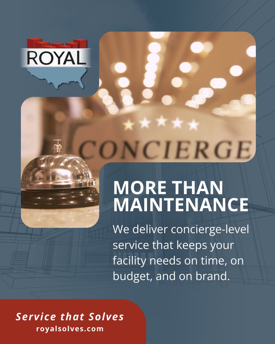 RoyalSolves's tweet image. Elevating the facilities maintenance management experience with personalized attention at every step. Our concierge-level care ensures that your facility needs are delivered on time, on budget, and on brand. Let’s turn your vision into reality with a white glove solution.