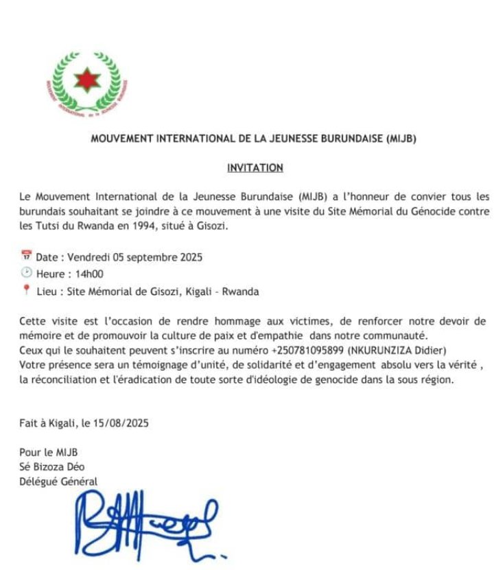 #Burundi #Jeunesse:
Le Mouvement International de la Jeunesse Burundaise( MIJB) invite tous les burundais souhaitant se joindre à ce mouvement à une visite du Site Mémorial du Génocide contre les Tutsi du Rwanda en 1994, situé à Gisozi. Il  est créé en 2016 par les Jeunes exilés.