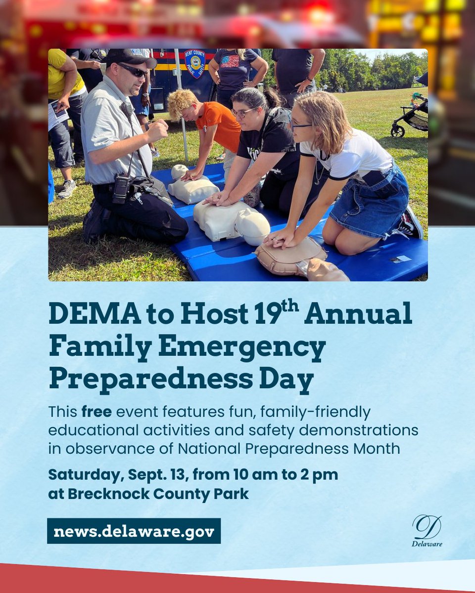 Delaware.gov (@delaware_gov) on Twitter photo <a href="/DelawareEMA/">Delaware Emergency Management Agency (DEMA)</a> invites you to the 19th Annual Family Emergency Preparedness Day 🗓️ Saturday, Sept. 13, ⏰ 10am–2pm, 80 Old Camden Road in Camden, Delaware.
This year’s theme: “Preparing Together Makes Delaware Better.” Come learn from 40+ public safety agencies, first responders & <a href="/DelawareEMA/">Delaware Emergency Management Agency (DEMA)</a> invites you to the 19th Annual Family Emergency Preparedness Day 🗓️ Saturday, Sept. 13, ⏰ 10am–2pm, 80 Old Camden Road in Camden, Delaware.
This year’s theme: “Preparing Together Makes Delaware Better.” Come learn from 40+ public safety agencies, first responders &