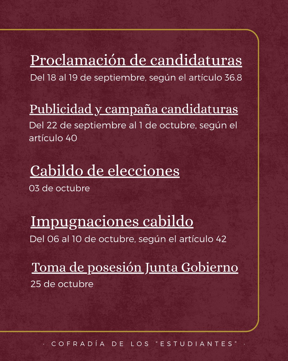 🗳️ ELECCIONES 

Tal y como publicamos en la web, la COMISION ELECTORAL nombrada al efecto del PROCESO ELECTORAL para la nueva Junta de Gobierno, recuerda que desde el 01-09-25 y hasta el día 06-09-25, queda abierto el plazo para la PRESENTACIÓN DE CANDIDATURAS.