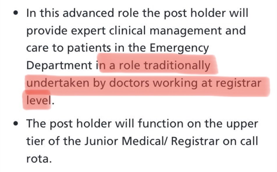 The lie they tell us: 
“These additional non-doctor roles work alongside but do NOT replace doctors” 

What they do:
“ACP in a role TRADITIONALLY UNDERTAKEN BY DOCTORS AT REGISTRAR LEVEL”?!

There it is - you no longer need a medical degree to work as a doctor in the NHS!

🚩🚩🚩