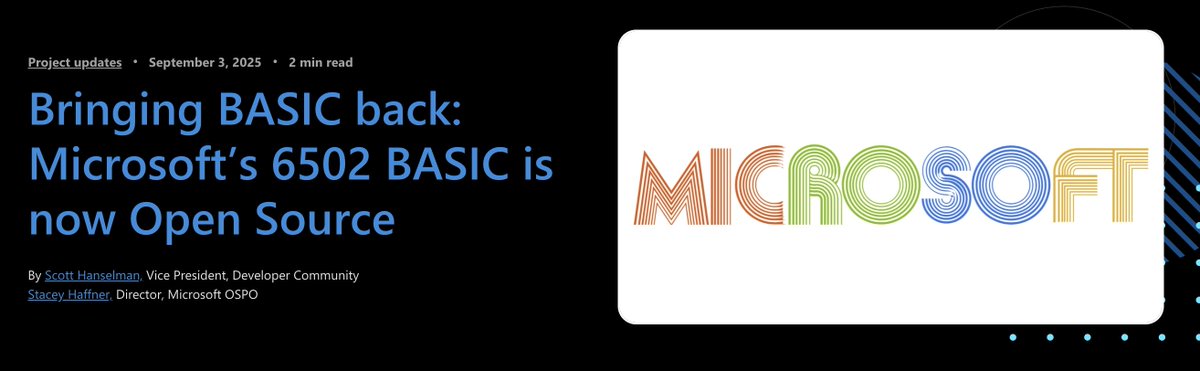 LundukeJournal's tweet image. Microsoft has released the Assembly source code for Microsoft BASIC for the 6502 processor.

This is the version which would go on to be used in the Commodore 64.

And Microsoft *actually* released it under an Open Source license -- the MIT License.

github.com/microsoft/BASI…