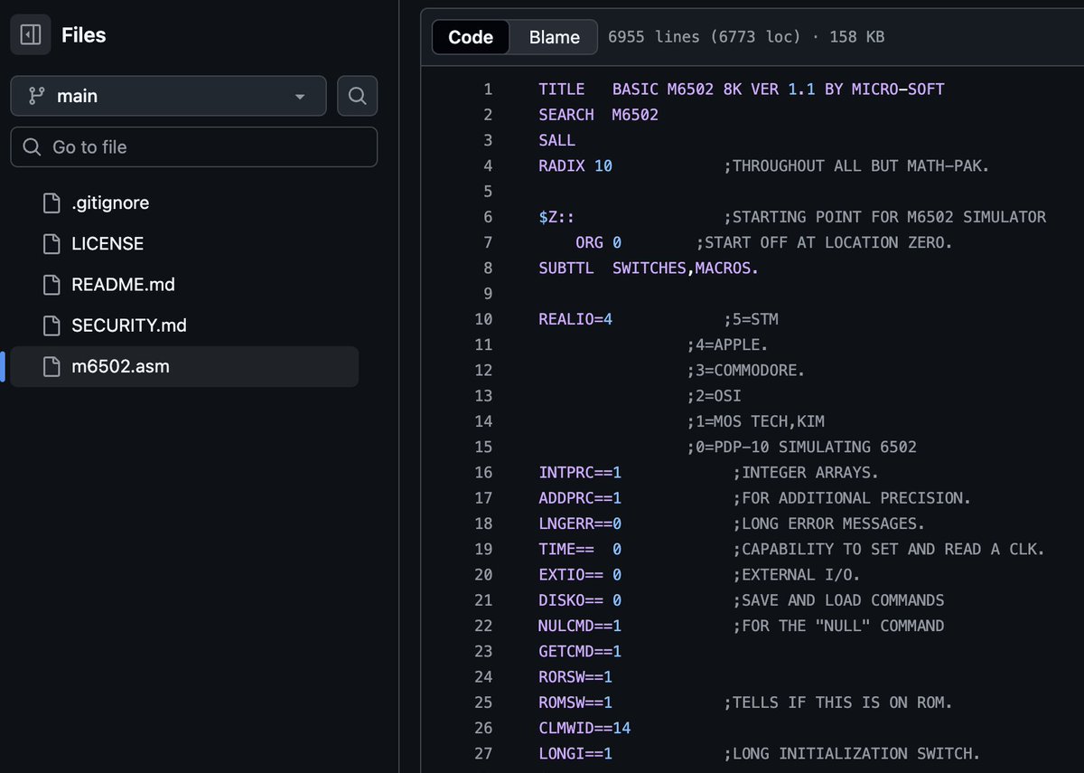 LundukeJournal's tweet image. Microsoft has released the Assembly source code for Microsoft BASIC for the 6502 processor.

This is the version which would go on to be used in the Commodore 64.

And Microsoft *actually* released it under an Open Source license -- the MIT License.

github.com/microsoft/BASI…