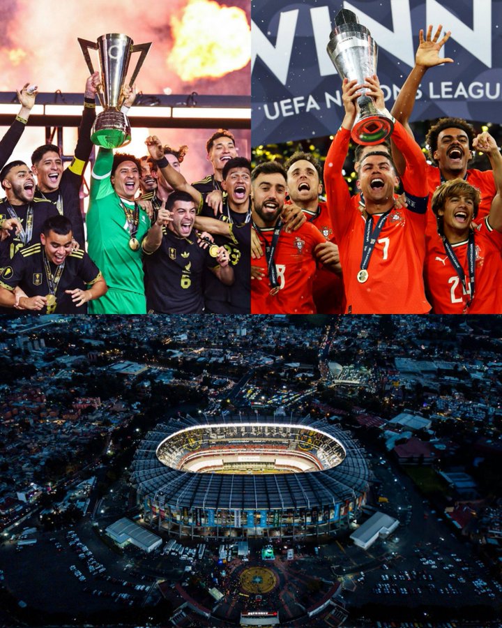 Two groups of soccer players celebrating with trophies. The top left shows players in black and yellow uniforms, including a goalkeeper in green, holding a trophy. The top right shows players in red uniforms, including one with the number 7, holding a UEFA Champions League trophy. Below, an aerial view of a large stadium at night with bright lights.