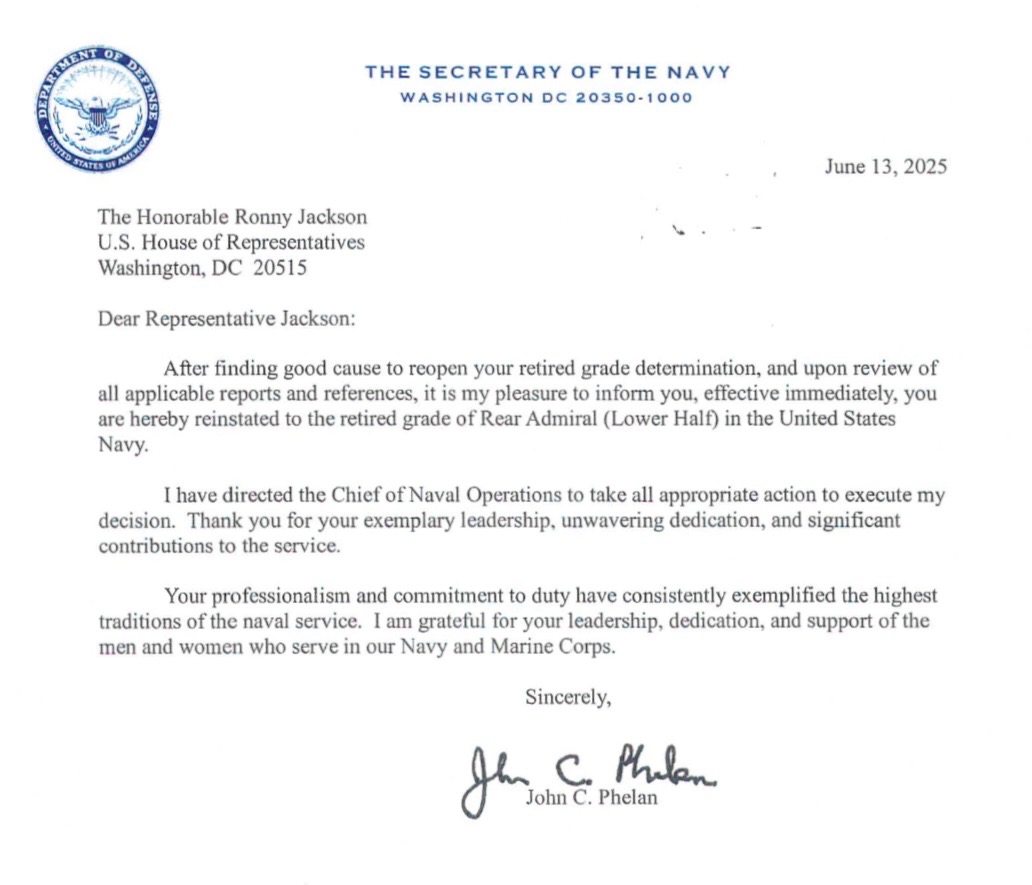 Ronny Jackson (@ronnyjacksontx) on Twitter photo I was, and still am, a retired U.S. Navy Rear Admiral, and Joe Biden is a retired old FOOL.
After the Biden administration’s politically motivated attacks against me, I am pleased to share that my military rank has been fully restored.
Thank you, <a href="/SECNAV/">Secretary of the Navy John C. Phelan</a>, for righting the I was, and still am, a retired U.S. Navy Rear Admiral, and Joe Biden is a retired old FOOL.
After the Biden administration’s politically motivated attacks against me, I am pleased to share that my military rank has been fully restored.
Thank you, <a href="/SECNAV/">Secretary of the Navy John C. Phelan</a>, for righting the