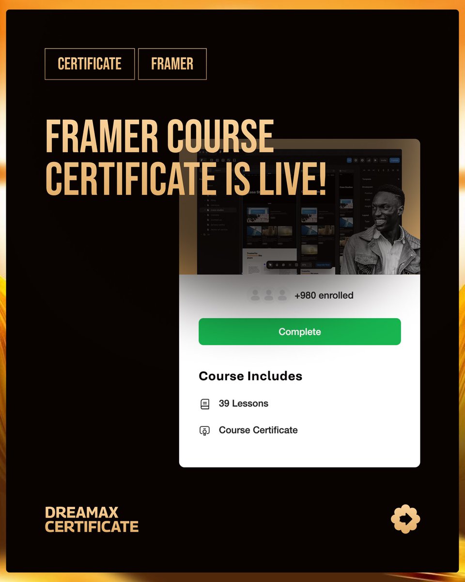 Dreamax (@dreamaxhq) on Twitter photo The Framer course certificate by <a href="/Daviowhite/">Your Designer</a> is now live on our platform.
Course
app.dreamaxhq.com/courses/learn-… The Framer course certificate by <a href="/Daviowhite/">Your Designer</a> is now live on our platform.
Course
app.dreamaxhq.com/courses/learn-…