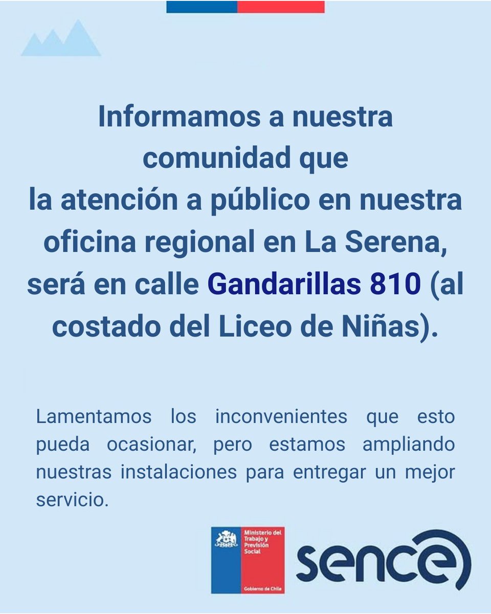 📣Información importante! Desde este jueves 04 de septiembre, la atención a público en nuestra oficina regional en La Serena, se traslada a calle Gandarillas 810 (al costado del edificio). El horario seguirá siendo el mismo: de lunes a viernes entre 09.00 y 14.00 horas.
