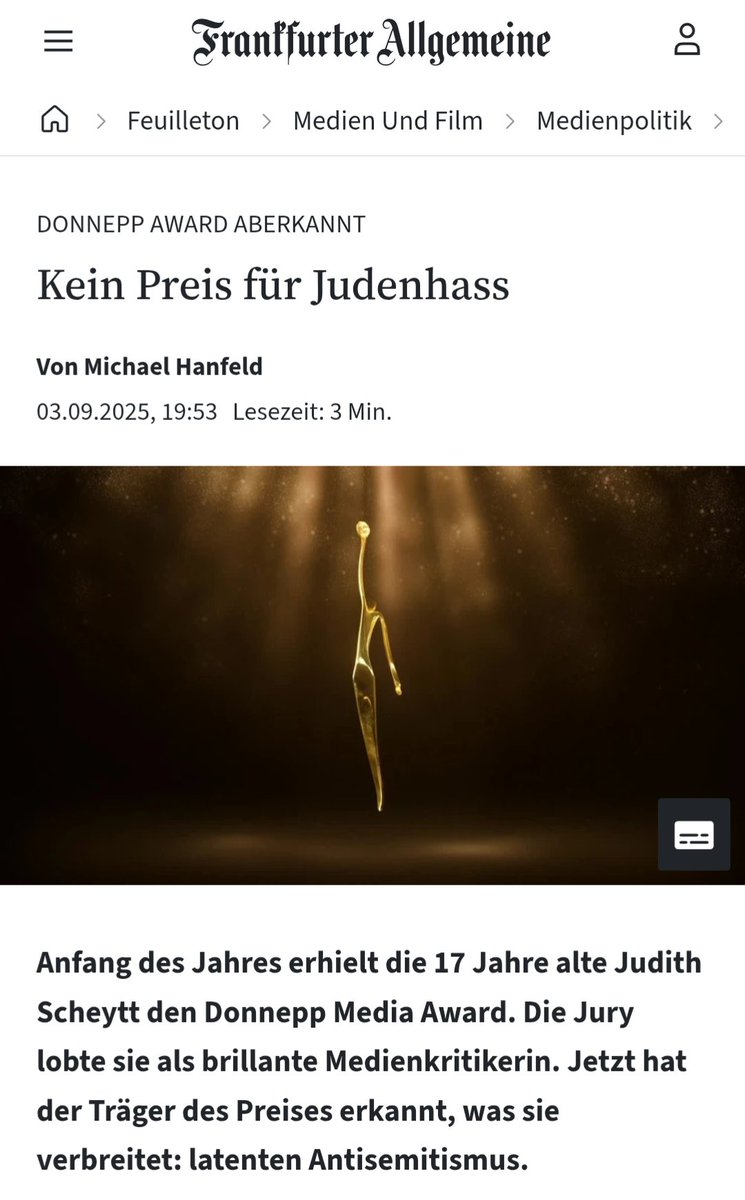 goldi's tweet image. Die @faznet verleumdet eine 18-jährige (hervorragende) Medienkritikerin als Judenhasserin - aufgrund eines vom #GrimmeFörderverein zusammengeschwurbelten Diffamierungspapiers, das nachweislich voller Desinformation ist. Und das #GrimmeInstitut schaut weiter zu. Shame on you!