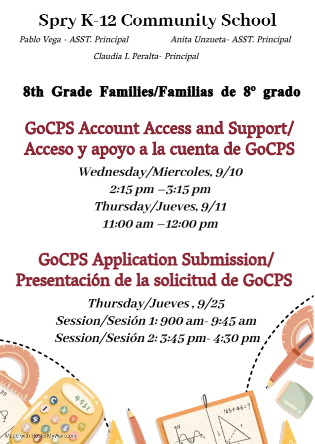 John Spry Community School (@cpsspry) on Twitter photo 8th Grade Families: These meetings are designed to assist you with accessing your GoCPS account and submitting your application. 
Familias de 8.º grado: estas reuniones están diseñadas para ayudarlo a acceder a su cuenta de GoCPS y enviar su solicitud. 8th Grade Families: These meetings are designed to assist you with accessing your GoCPS account and submitting your application. 
Familias de 8.º grado: estas reuniones están diseñadas para ayudarlo a acceder a su cuenta de GoCPS y enviar su solicitud.