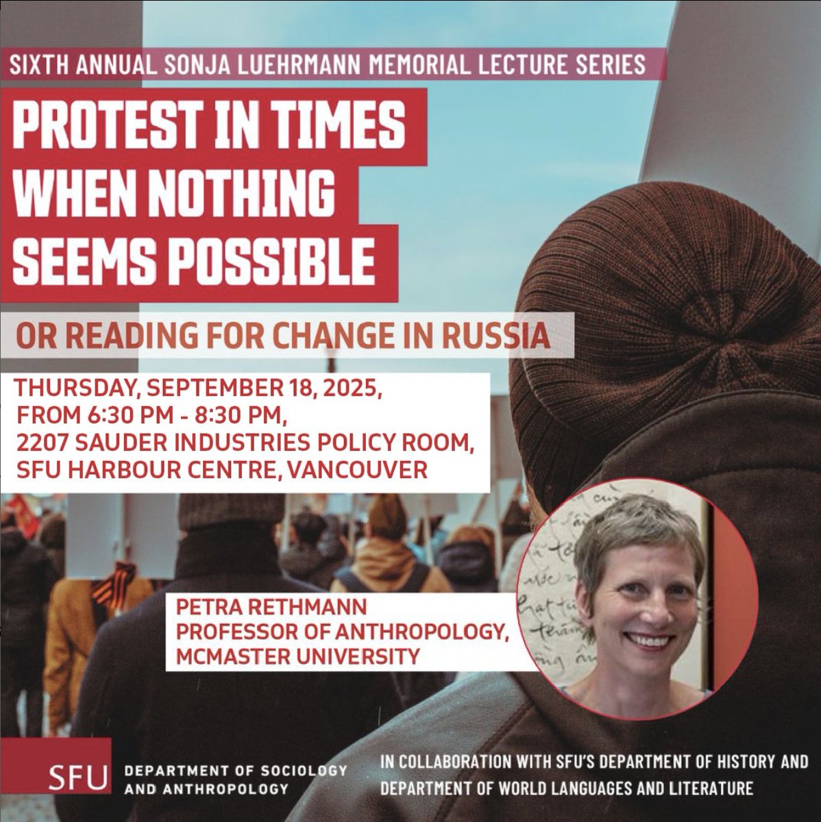 Join us for our 6th Annual Sonja Luehrmann Memorial Lecture Series on Thu, Sep 18, from 6:30 p.m. - 8:30 p.m. at SFU Harbour Centre in Vancouver. 

* <a href="/SFUHistory/">SFU History</a> and <a href="/SFUWLL/">SFU World Languages and Literatures</a>  are co-sponsors for this event.

Register with us via link here: bit.ly/4mGpgJJ

<a href="/SFU/">Simon Fraser University</a> <a href="/SFUFASS/">SFU Faculty of Arts & Social Sciences</a>