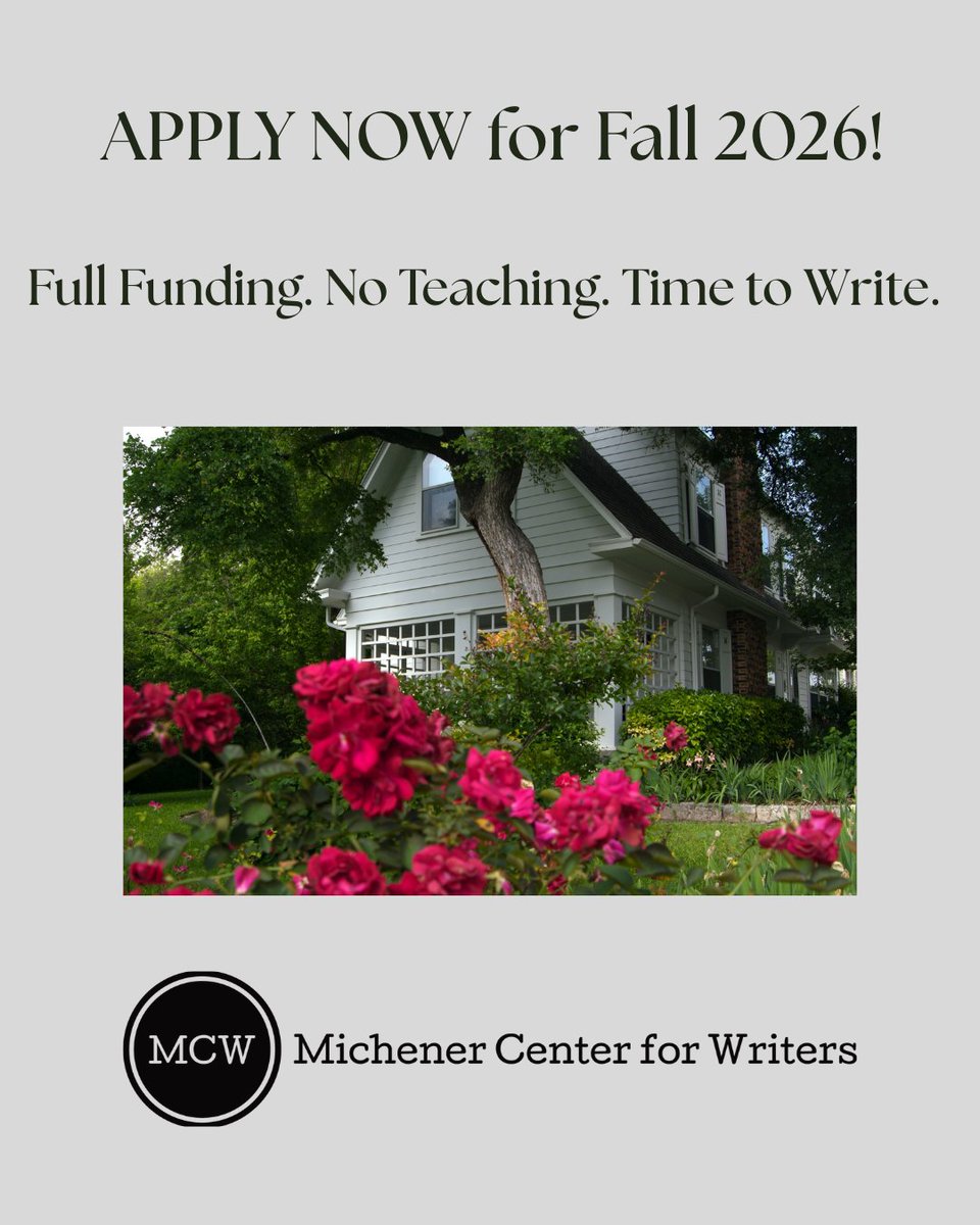 The Michener Center is a three-year, fully-funded residency M.F.A. program in Austin, Texas. Applications for Fall 2026 admission in Playwriting, Screenwriting, Poetry and Fiction are open until December 1st, 2025. Learn more at michener.utexas.edu.