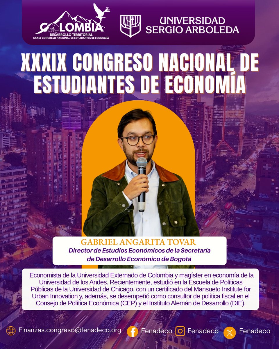 🌎📊 ¡Seguimos sumando voces expertas en el XXXIX Congreso Nacional de Estudiantes de Economía!

Nos acompaña Gabriel Angarita Tovar,  Economista del Externado, magíster en Economía de la Universidad de los Andes y con formación en la Universidad de Chicago.