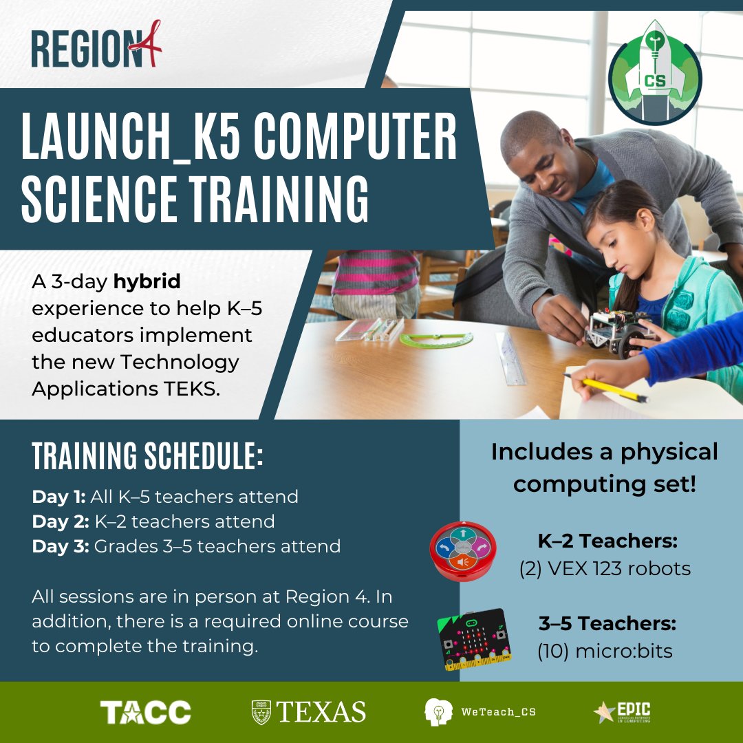 Region4Science's tweet image. Bring #TechApps to life in K–5!
💻 3-day hybrid training | Oct 13–16
🎁 FREE computing kit
📚 12 CPEs | Only $30
Hands-on. TEKS-aligned. Classroom-ready.
🔗 Save your spot: bit.ly/47rL5bo
#CompSci #EdTech #TXed #CSforAll