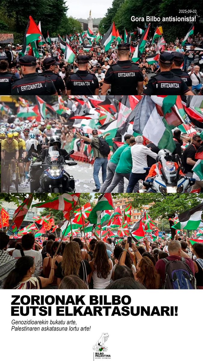 El mismo país que ha parado hoy <a href="/lavuelta/">La Vuelta</a> llena siempre las carreteras de aficionados. 

Pocos pueblos habrá en el mundo que amen y respeten más el ciclismo que el pueblo vasco.

Pero frente a un genocidio no caben equidistancias ni blanqueamientos.

STOP GENOCIDE!! #lavuelta2025