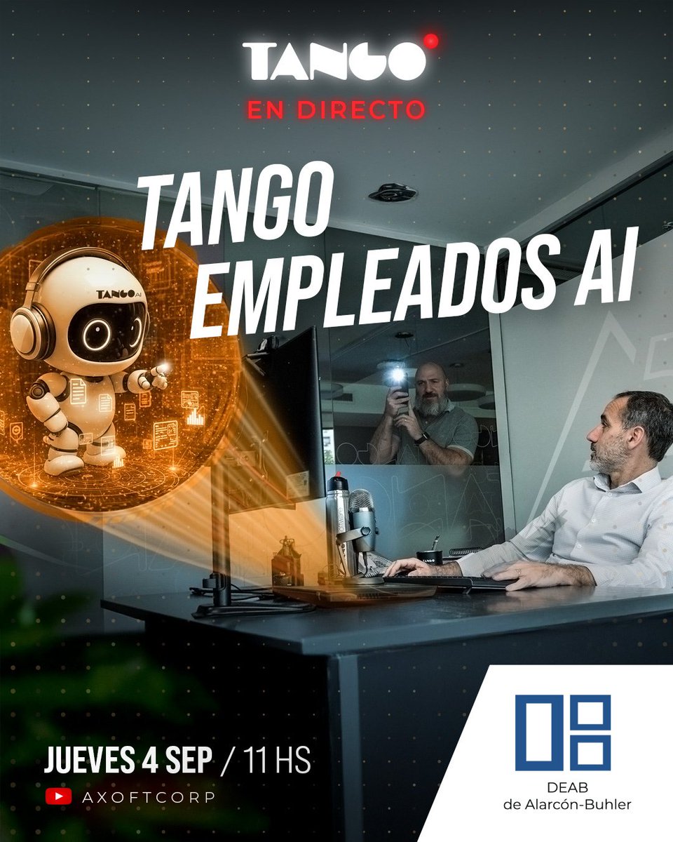 DEABTango's tweet image. #TangoEnDirecto

👉 Mañana, jueves a las 11h, no te pierdas el directo de Tango Empleados AI - Capital Humano, donde se verá como implementar la funcionalidad de la IA.

🔔Suscribite al canal.

🔴YouTube: Acceso youtube.com/@AxoftCorp

#tangosoftware #dealarconbuhler