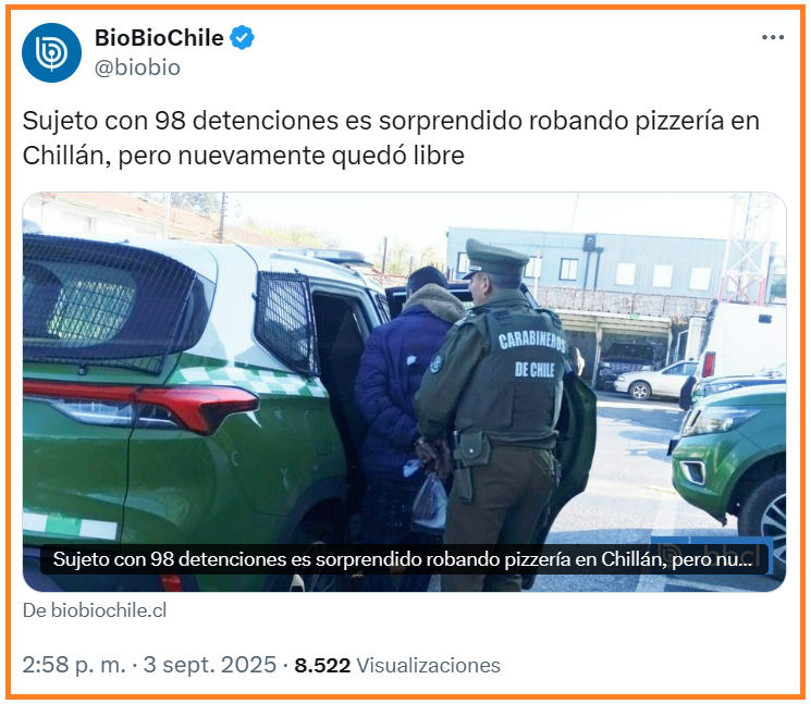 ¿Se dan cuenta que con los jueces que tenemos, para un Carabinero arrestar a un delincuente es una pérdida de tiempo?
¿Tú arrestarías a un delincuente que ha sido liberado 98 veces?
Con estas leyes y estos jueces/fiscales, es imposible frenar la delincuencia.