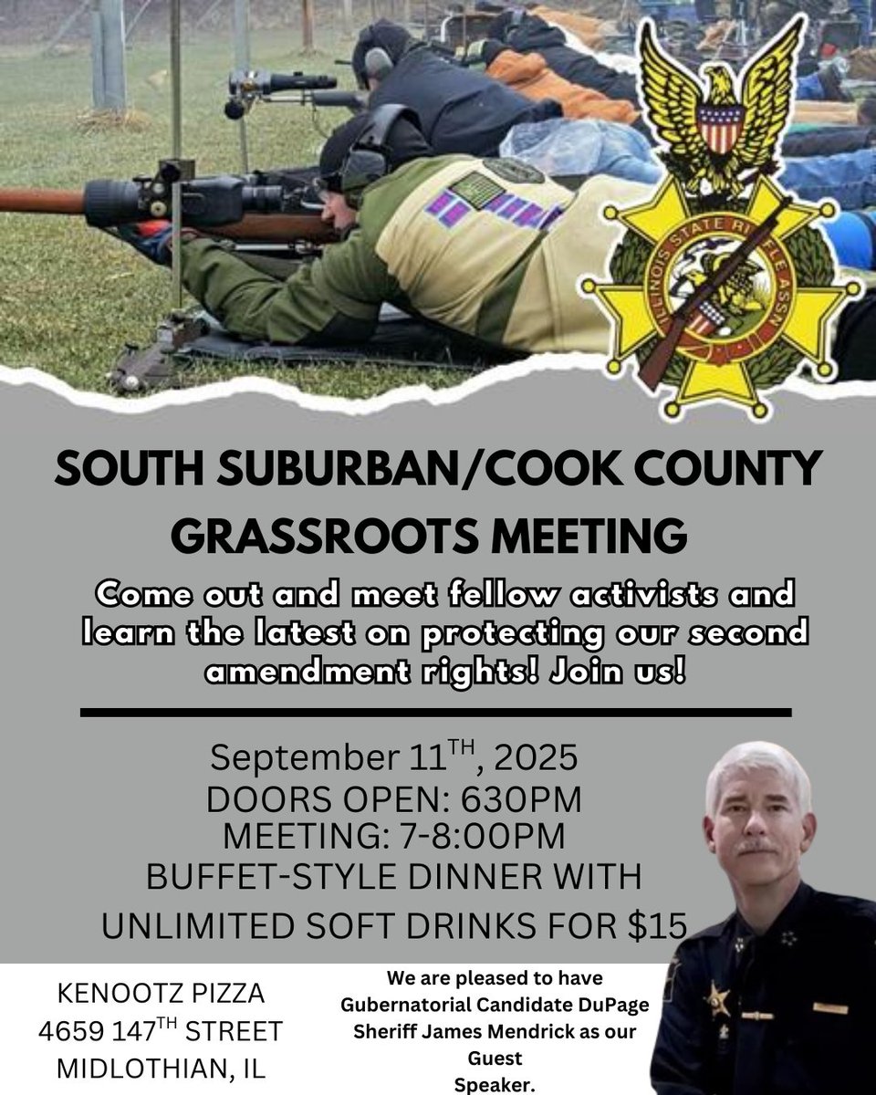 📣 Mark your calendar!
ISRA South Suburban Grassroots Meeting
📍 Kenootz Pizza, Midlothian
🗓 Thursday, Sept. 11, 2025
⏰ 7–8 PM
Guest Speaker: Sheriff James Mendrick, candidate for Governor.
🍕 Buffet @ 6:30 ($15)
Join us! #ISRA #Illinois #2A
<a href="/Mendrick4Gov/">Sheriff James Mendrick for Governor</a>