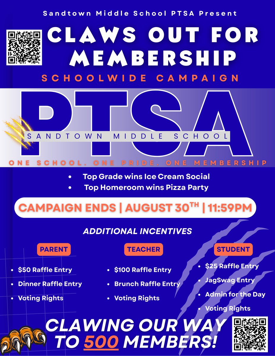 SandtownMS's tweet photo. 🐾✨ The Sandtown MS PTSA is Clawing Their Way to 500 Members! ✨🐾 
Join TODAY &amp; help your grade win 🍦 or 🍕 + raffle prizes, JagSwag &amp; more!
⏰ Deadline: Sept. 30, 11:59 PM
👉 https://t.co/4MbkSeiBV5…

💙🧡 #OneSchoolOnePrideOneMembership #SandtownStrong https://t.co/PMB8nzpBrA
