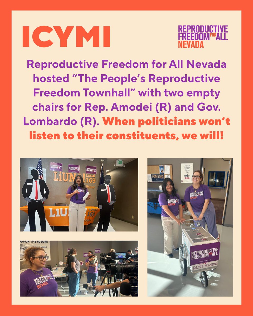 We hosted “The People’s Reproductive Freedom Townhall” with empty chairs for Rep. Amodei (R) and Gov. Lombardo (R). Recess is when politicians are supposed to answer to their constituents, not hide like cowards.

Make sure you make it to the next event ⬇️ 
act.reproductivefreedomforall.org/a/get-involved…