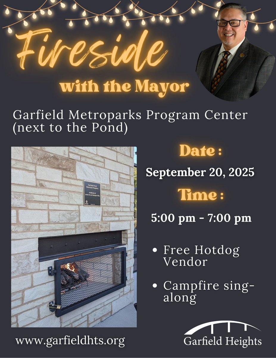 🔥 Fireside with the Mayor 🔥
Join us on Saturday, September 20, 2025 from 5–7 PM at the Garfield Metroparks Program Center, right next to the newly renovated pond!
Enjoy free hot dogs from a local vendor, a cozy campfire sing-along, and a casual evening with Mayor Burke.
