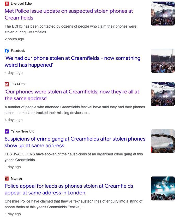 This happened to my step daughter. Noticed her phone was gone from her bag. Then it pinged in Manchester with reportedly over 30 more lost phones, plus more in Barking London. Outrageous. #creamfields