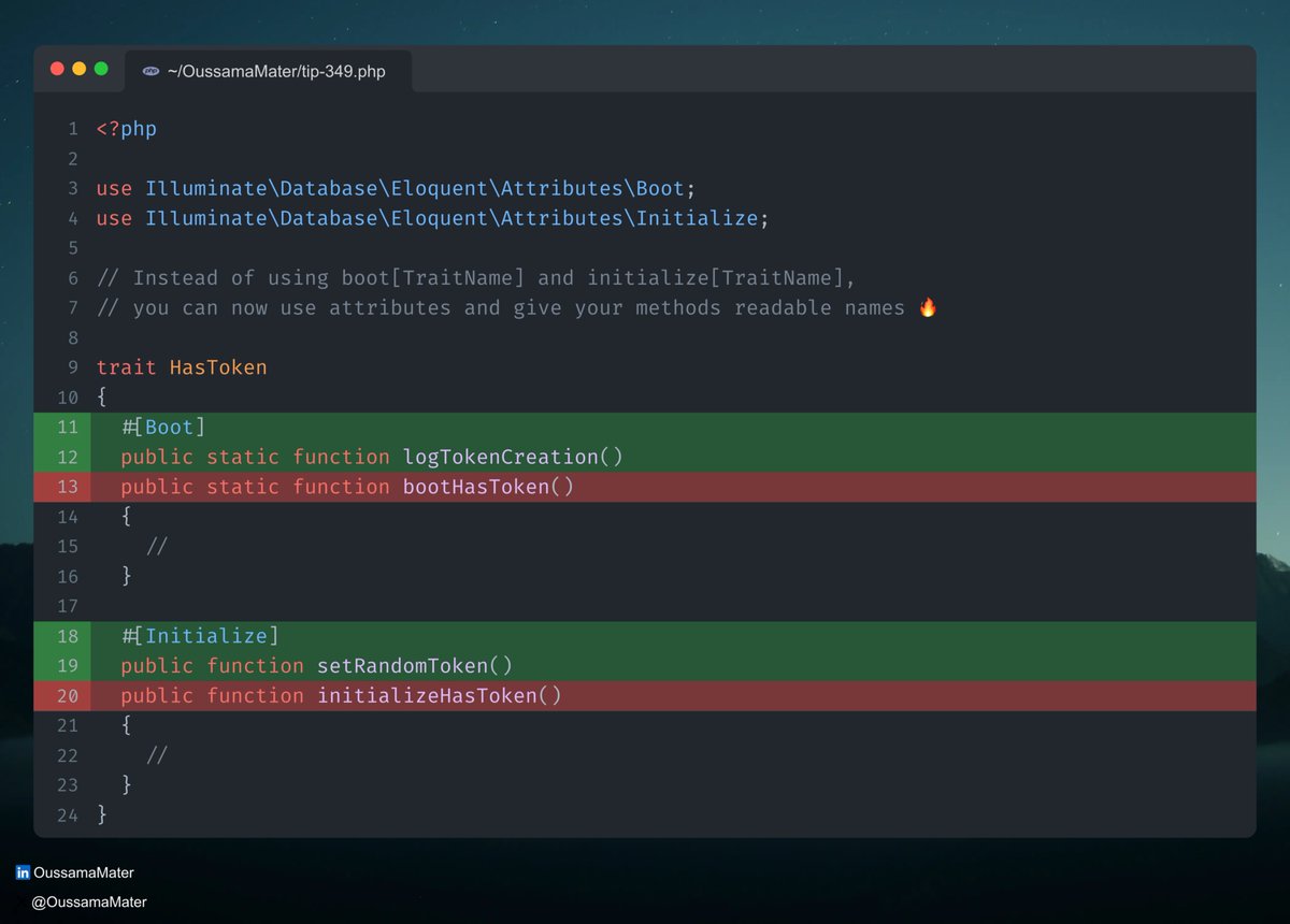 OussamaMater's tweet image. Laravel Tip 💡: Boot Traits with Attributes
Bootable traits are great, but their naming convention can be painful. Since Laravel v12.22, you can fully customize method names using PHP attributes 🚀
#laravel
