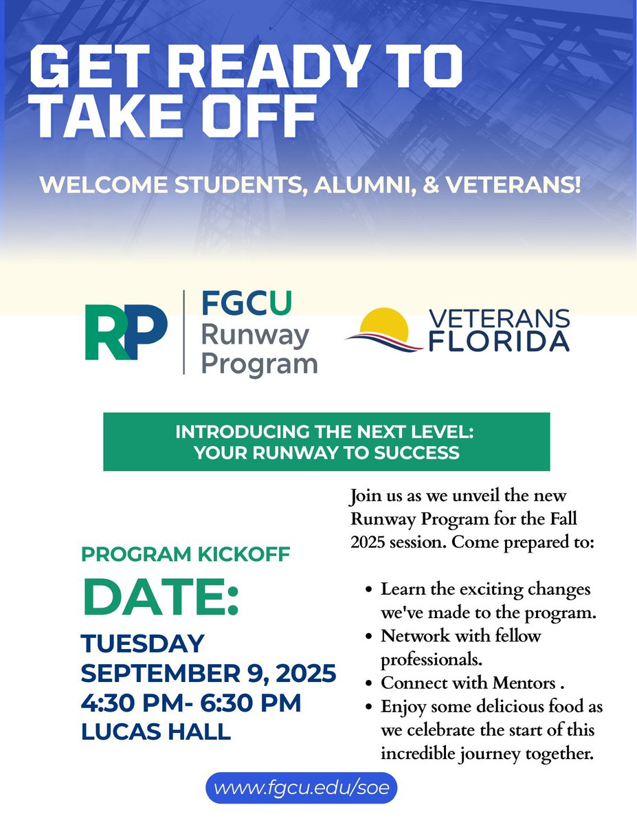 The Runway Program is officially starting,  join us for our kick-off event! 

Date: Tuesday, September 9th 
Time: 4:30 PM - 6:30 PM 
Location: Lucas Hall 104

Please RSVP by September 7, 2025:
forms.gle/KhCzdpVZPR24L5… 

#FGCU #FGCUEntrepreneurship