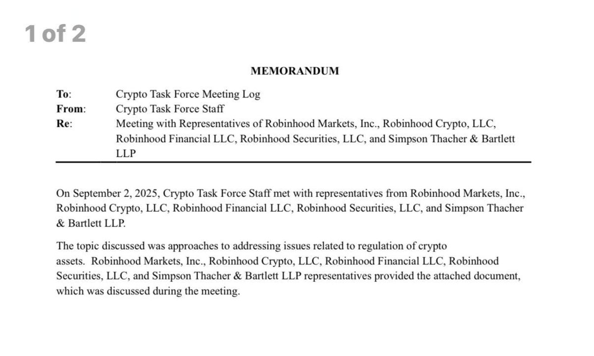 🇺🇸 JUST IN: SEC’s Crypto Task Force met with Robinhood to discuss crypto regulation and tokenized securities.