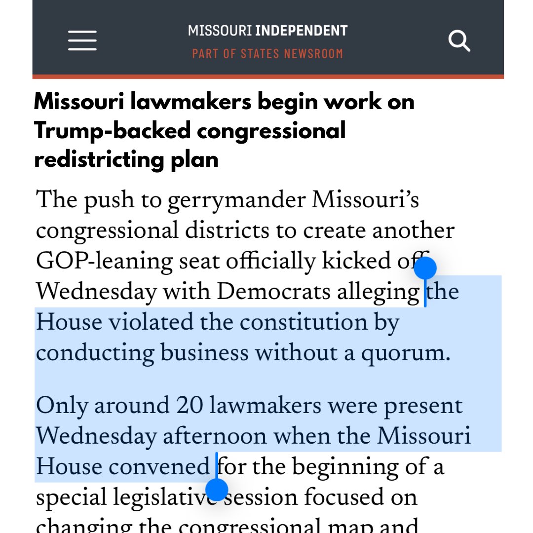 NEW: “… the House violated the constitution by conducting business without a quorum. 
Only around 20 lawmakers were present Wednesday afternoon when the Missouri House convened.”
missouriindependent.com/briefs/missour…