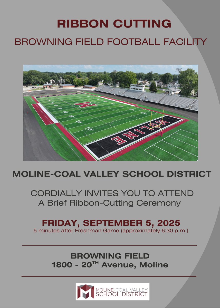 MCV is proud to unveil exciting improvements to historic Browning Field! Join us for a ribbon cutting on Friday, Sept 5! Details👇 Help us cheer on the Maroons as they take on Sycamore at the 1st home game on the beautiful new field.  Freshmen: 5pm, Varsity: 7pm. #molinepride