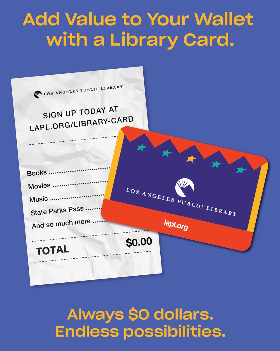 LAPublicLibrary's tweet image. September is Library Card Sign-Up Month, so it&apos;s time to make room in your wallet for the #BestCardInLA!

The Los Angeles Public Library has books and e-media for cardholders at no cost! Sign up for a library card in person or virtually. Visit us at lapl.org/library-card.