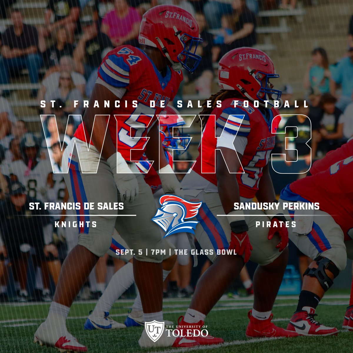 𝗪𝗘𝗘𝗞 𝟯 🏈

Varsity Football is back at the Glass Bowl this Friday for their home opener vs Sandusky Perkins. Kickoff is set for 7pm.

🎟️- sfsknights.org/athletics/buy-… (ONLINE ONLY - NO CASH SALES)
🚗- Parking is available in areas 5, 6, 8, 9, &amp; 10

#GoKnights
