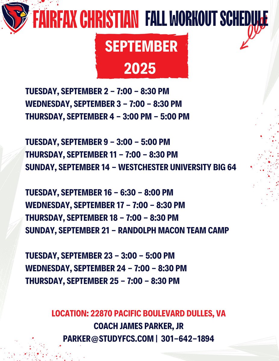 Coaches, here is my Fall workout schedule for the month of September.