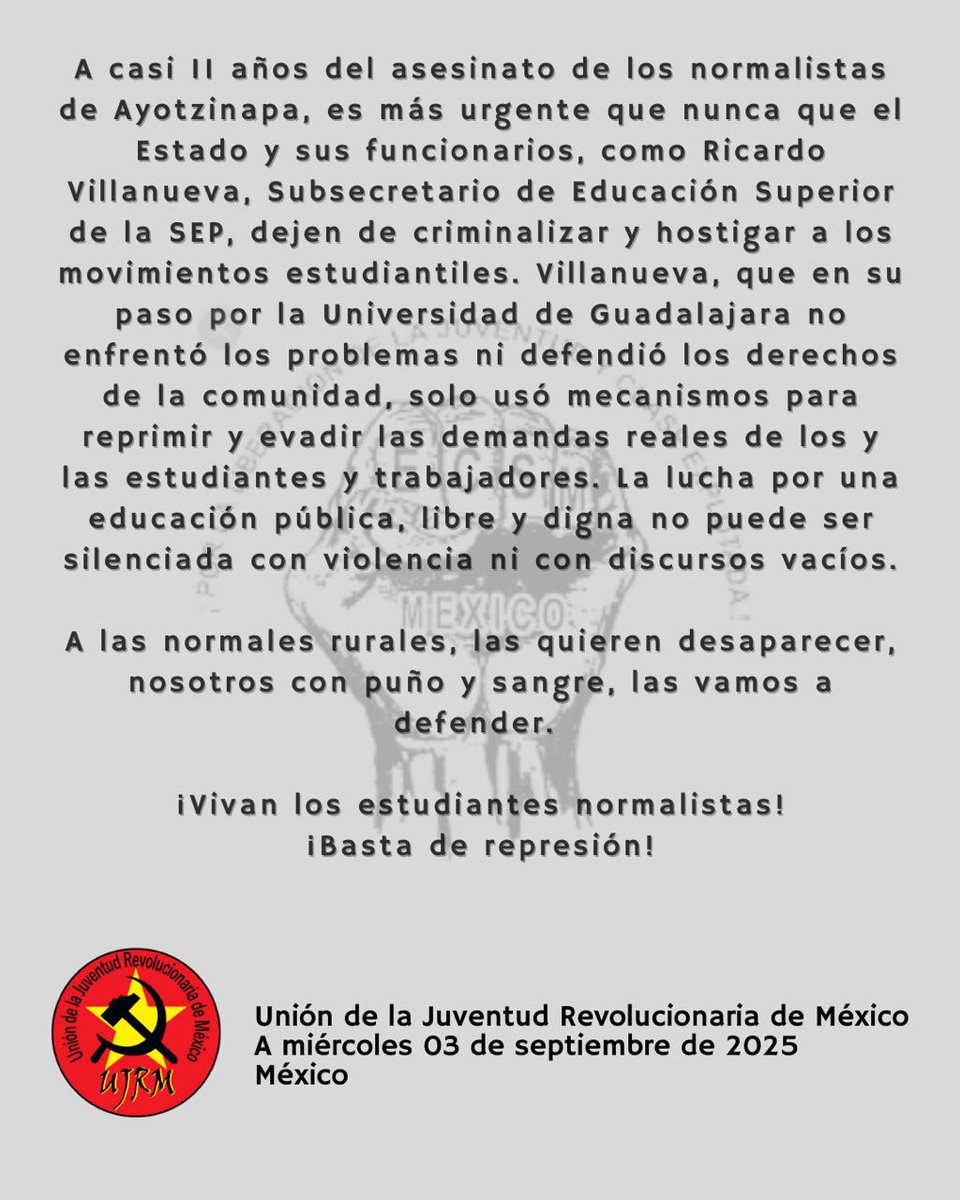 ✊🏽 Desde la Unión de la Juventud Revolucionaria de México, denunciamos la brutal represión y violencia ejercida en Puebla 💥🚓 contra las y los estudiantes de la Normal Rural "Carmen Serdán" y Ayotzinapa, quienes luchan por una educación digna y justa 📚✊🏾.