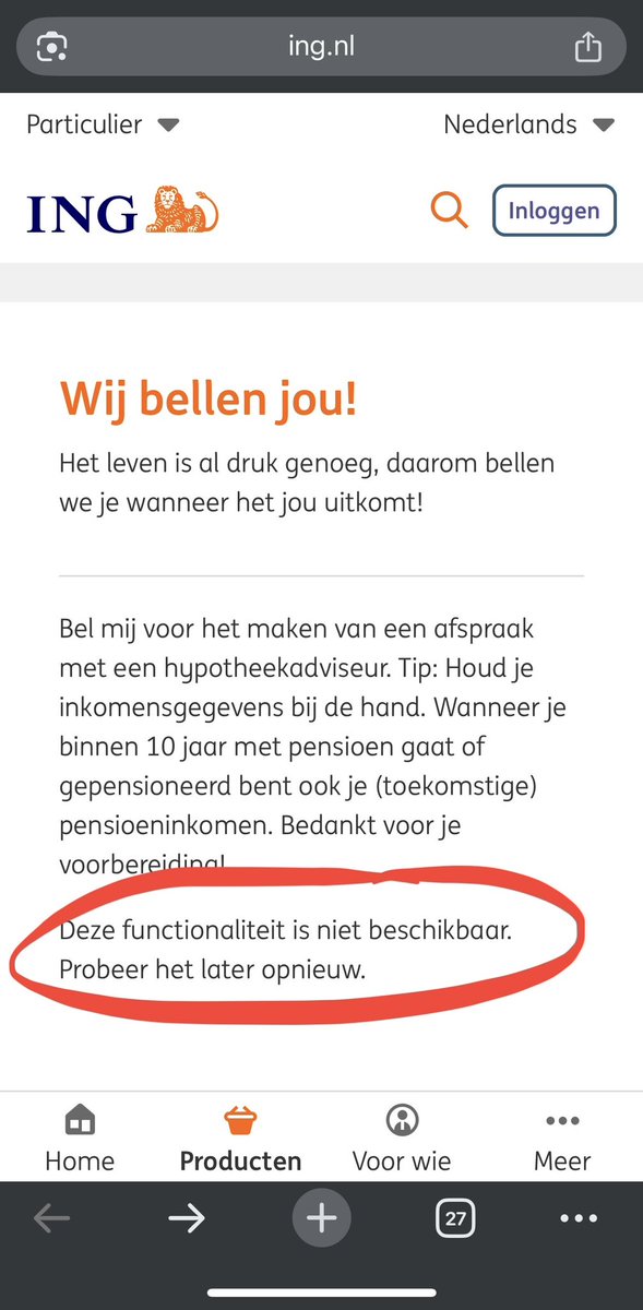 Beste <a href="/ingnl/">ING Nederland</a> , ik wil een telefonische afspraak plannen. Ik krijg al twee dagen deze melding. Gaat het wel goed met jullie? Hoe nu verder…🤔