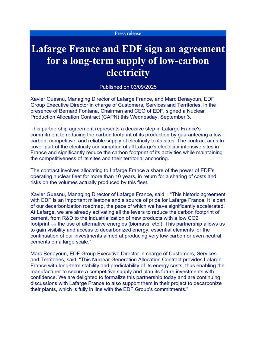 France / Energy

EDF signs a supply contract with cement manufacturer Lafarge France (Holcim group)
The contract involves allocating to Lafarge France a share of the power of EDF's operating nuclear fleet for more than 10 years.