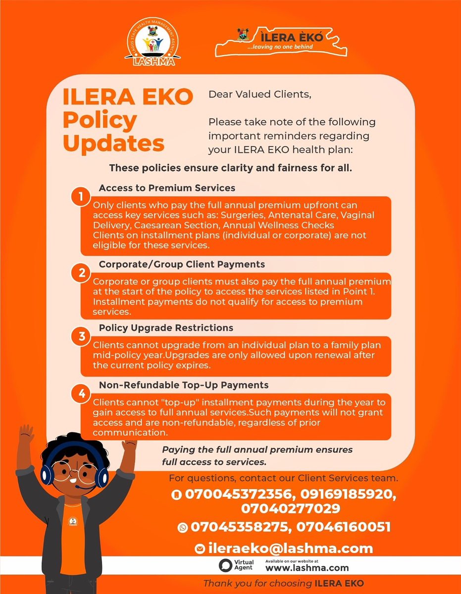 LagHealthScheme's tweet image. Dear Valued Enrollee, 

Take note of our latest policy updates, designed to serve you better!

 We are committed to providing you with the best experience possible. 

Stay informed, stay covered!

 #IleraEko #PolicyUpdate #serveyoubetter