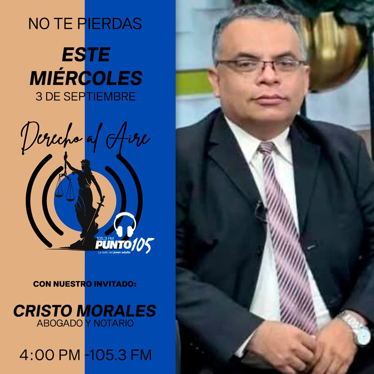 🚨 No te pierdas este Miércoles 3 de Septiembre 🗓- 4:00 PM 🕓 ⚖ #DerechoAlAire 🎙 de la <a href="/UFGoficial/">Universidad Francisco Gavidia - UFG</a>🟠, con nuestro invitado Cristo Morales 🎙 Abogado y notario, con quien hablaremos sobre las "Causales para divorciarse según la ley". ⚖🖋💼

📌 En vivo 105.3 FM 📻 #Punto105
