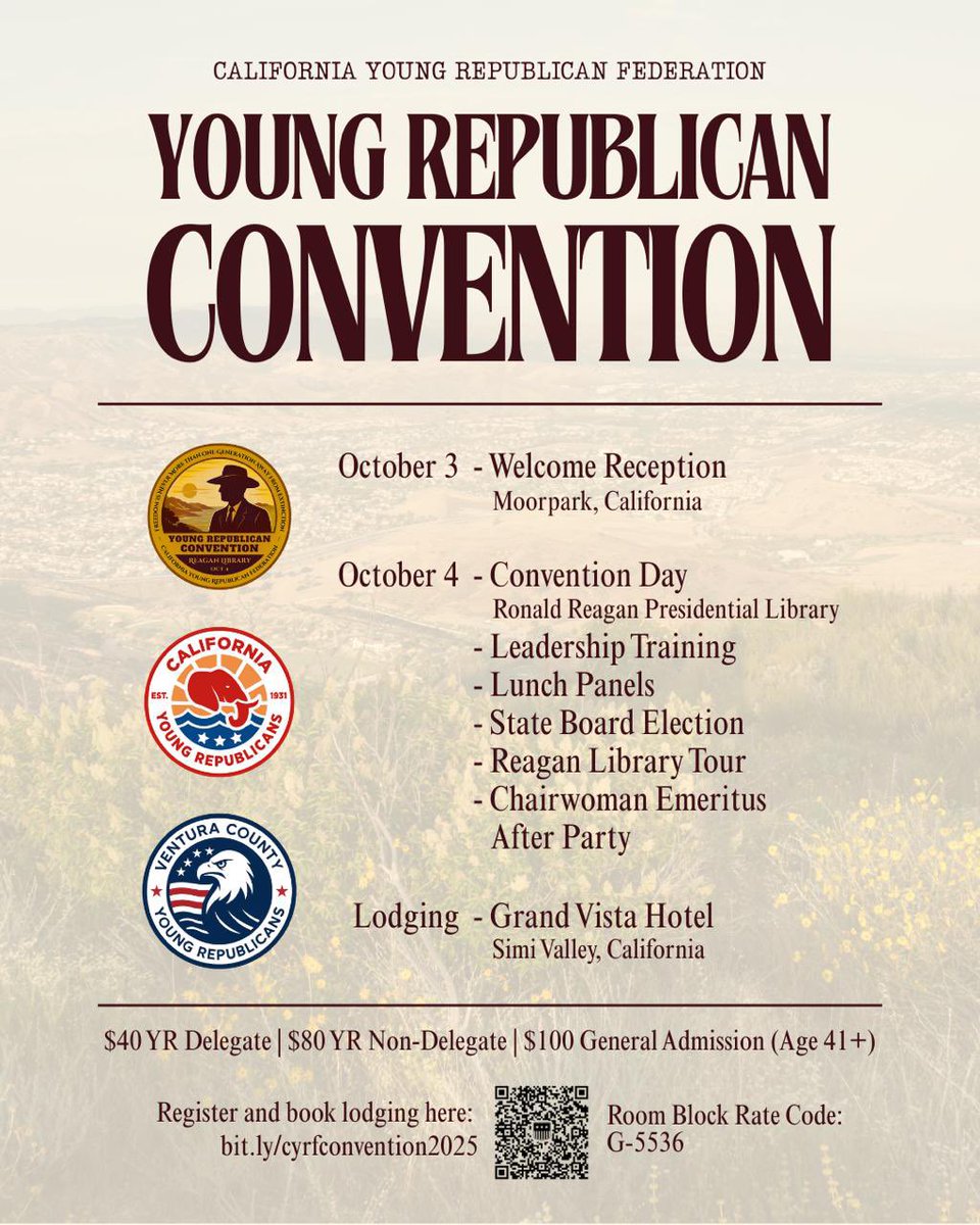 CYRFGOP's tweet photo. Get ready for the return of the California Young Republican Convention, hosted at the Ronald Reagan Presidential Library in Simi Valley! Sign up at the link in bio. https://t.co/Q3kx3TAJge