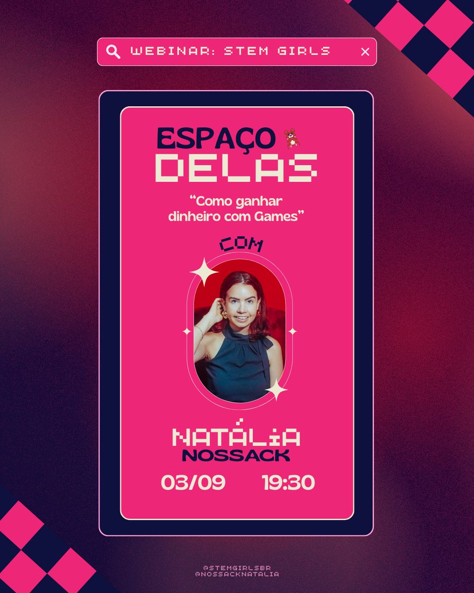 ✨ É hoje o nosso primeiro Webinar: ESPAÇO DELAS com a Natália Nossack
Tema: “Como ganhar dinheiro com Games”. Vou lançar um desafio para vocês de compartilhar nas redes sobre o evento antes e durante ele! Marque o <a href="/stemgirlsbr/">STEM GIRLS💻🌷</a>
⏰ Hoje às 19h30 no discord: discord.com/events/1334938…