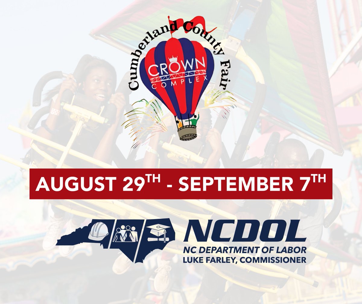 NC Department of Labor (@ncdol) on Twitter photo 🎪 It’s Fair Time in Cumberland County!
The Cumberland County Fair runs August 29 – September 7, bringing food, fun, and festivities for the whole family.
Commissioner <a href="/LukeFarleyNC/">Luke Farley</a>'s team of amusement ride inspectors have been on-site making sure the rides are safe — so you 🎪 It’s Fair Time in Cumberland County!
The Cumberland County Fair runs August 29 – September 7, bringing food, fun, and festivities for the whole family.
Commissioner <a href="/LukeFarleyNC/">Luke Farley</a>'s team of amusement ride inspectors have been on-site making sure the rides are safe — so you