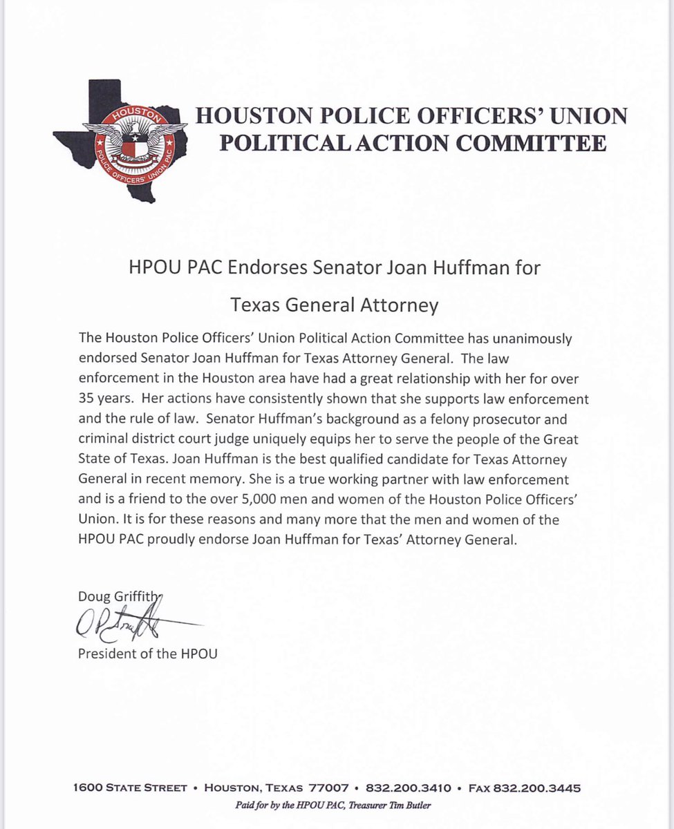 Joe Gamaldi (@joegamaldi) on Twitter photo Honored to support <a href="/joanhuffman/">Joan Huffman</a> in her run for Texas AG and excited to see our local <a href="/HPOUTX/">Houston Police Officers' Union</a> supporting her as well.
Senator Huffman is a true friend to law enforcement, she doesn’t just talk a big game about supporting the men and women in blue, she actually backs it up!
We Honored to support <a href="/joanhuffman/">Joan Huffman</a> in her run for Texas AG and excited to see our local <a href="/HPOUTX/">Houston Police Officers' Union</a> supporting her as well.
Senator Huffman is a true friend to law enforcement, she doesn’t just talk a big game about supporting the men and women in blue, she actually backs it up!
We
