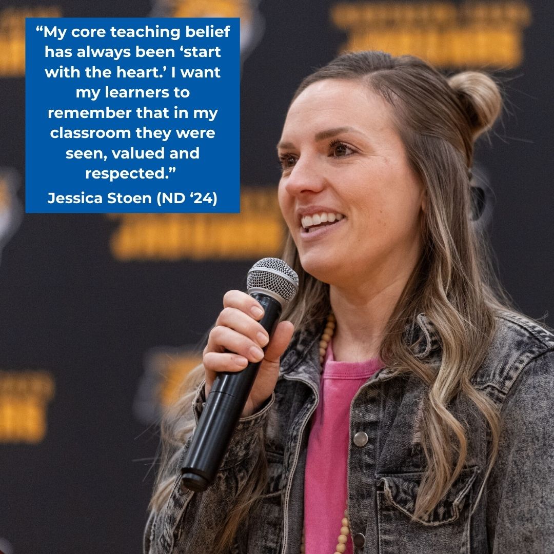 North Dakota Milken Educator Jessica Stoen (ND ‘24) is a second grade educator at Northern Cass Elementary School. Stoen’s passion for teaching sparks curiosity and builds confidence in her second graders through personalized, hands-on lessons, like the annual water cycle science