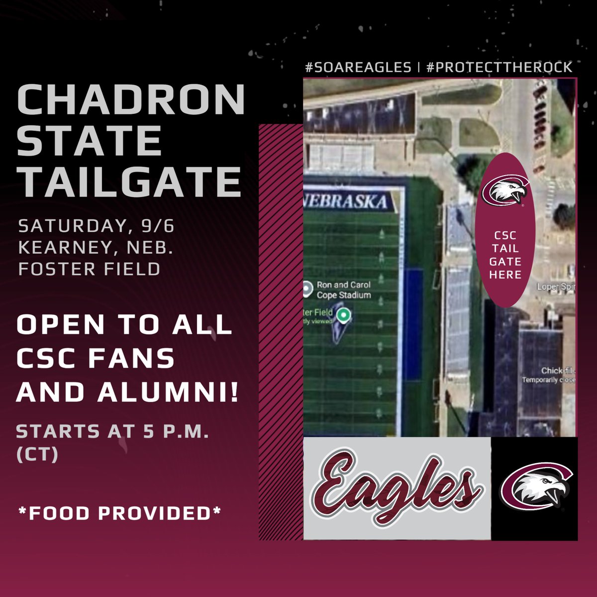 CSC Athletics (@csceagles) on Twitter photo Don't miss the OFFICIAL CSC tailgate in Kearney this weekend before the Eagles and Lopers battle for the Good Life Trophy!
Stop by Saturday night, starting at 5 p.m. CT (two hours before kickoff) for food and fellowship with other CSC fans, parents and alumni! Don't miss the OFFICIAL CSC tailgate in Kearney this weekend before the Eagles and Lopers battle for the Good Life Trophy!
Stop by Saturday night, starting at 5 p.m. CT (two hours before kickoff) for food and fellowship with other CSC fans, parents and alumni!