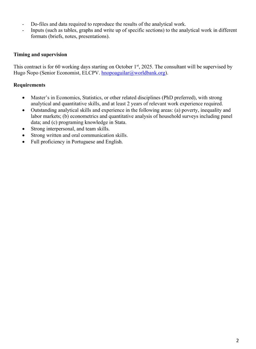 Oportunidade de consultoria de curto prazo (3 meses) trabalhando no escritório do <a href="/bancomundialbr/">Banco Mundial Brasil</a> em Brasília. Bom pra quem tem alguma experiência com microdados brasileiros (POF, PNAD, etc.).