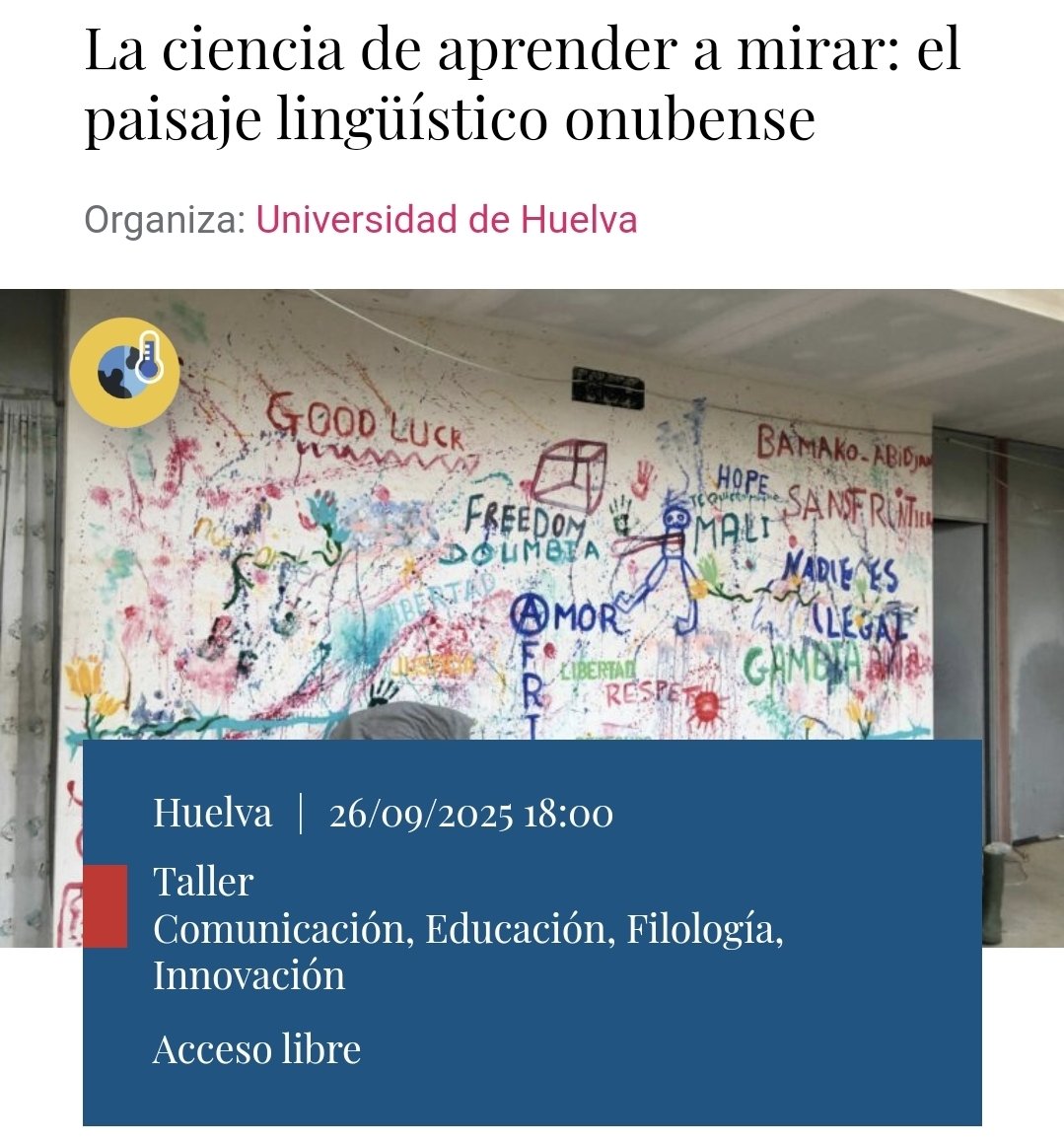 ¿Qué lees cuándo miras el paisaje? 👀

En la Noche de l@s Investigador@s te mostrarán la ciencia que hay tras el paisaje lingüístico en un interesante taller para todos los públicos 

ℹ️…osinvestigadores.fundaciondescubre.es/actividades/la…

#NIGHTspain #26s #Huelva